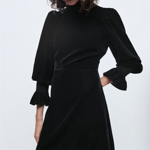 Zara Velour Black Mini Dress Size Medium Statement Arms Gothic Whimsigoth Witchy - Picture 1 of 7